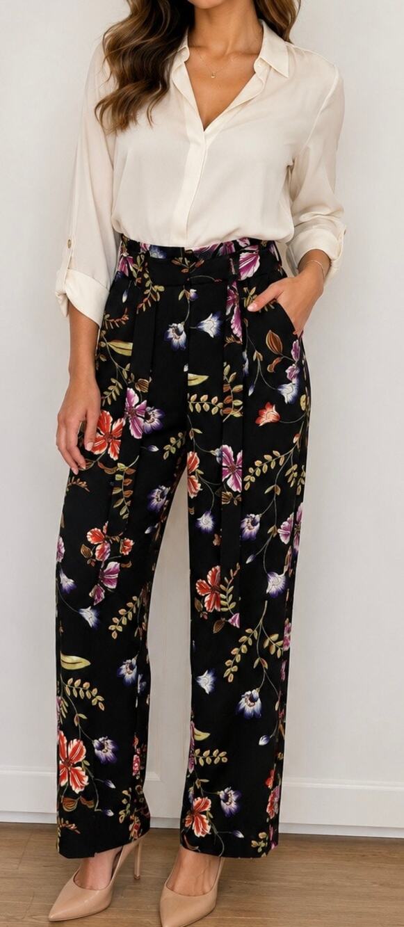 Express 6R High Rise Floral Ankle Pants NWOT Black Paperbag Waist